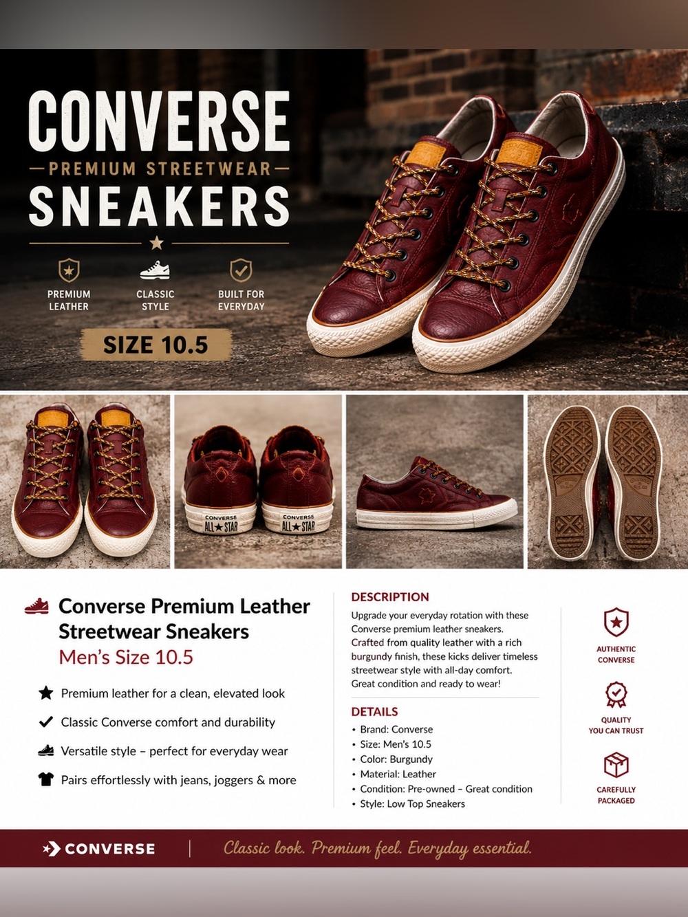 Converse Premium Leather Sneakers Men’s Size 10.5 Burgundy Low Top
